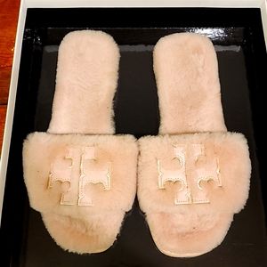 Tory Burch Double T Shearling Leather Slide Sandal Shell Pink 10